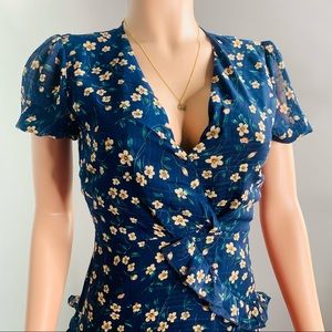 Petals and Poetry Navy B Floral Print Ruffled Midi
